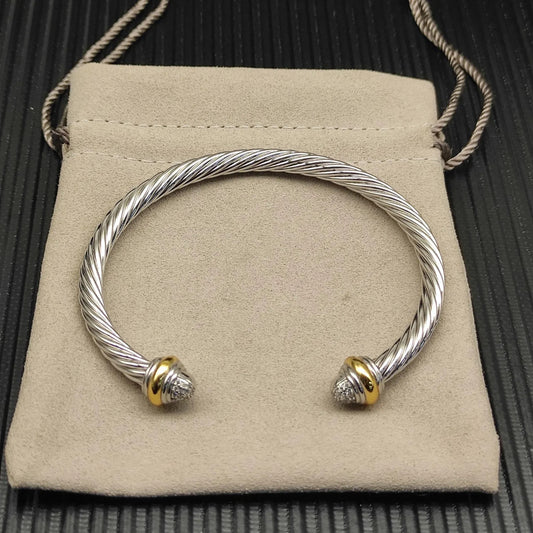 Sterling Silver Cable Cuff Bracelet – Twisted Rope Design with Gold Accents, Designer-Inspired Elegant Bangle